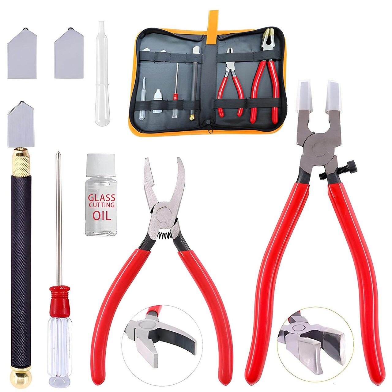 Glass Cutting Tool Set Kit, Glass Nipper,Glass Running Plier, Breaking Plier, Oil Feed Glass Cutter Set with Leather Zipper Bag for Stained Glass, Tiles, Mosaic, Mirrors,Bottle, Fusing, Breaking
